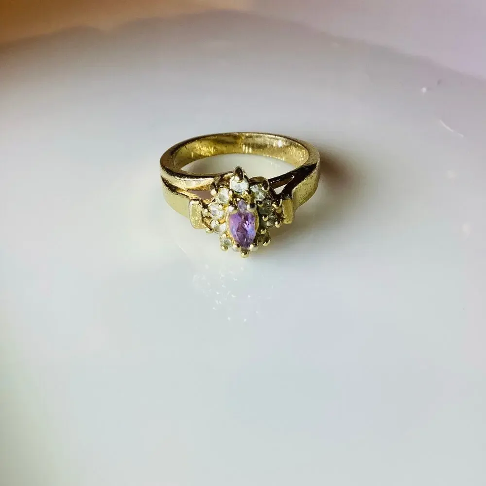 Simulated Amethyst and Crystal Halo Ring